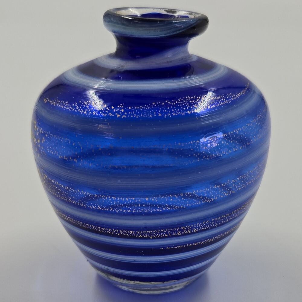 Vintage Murano Style Blue Swirl Mini Bud Vase Hand Blown Art Glass Gold Flecks